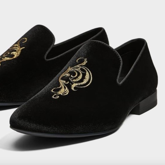 Zara Men Velvet Smoking Loafers Gold Embroidery